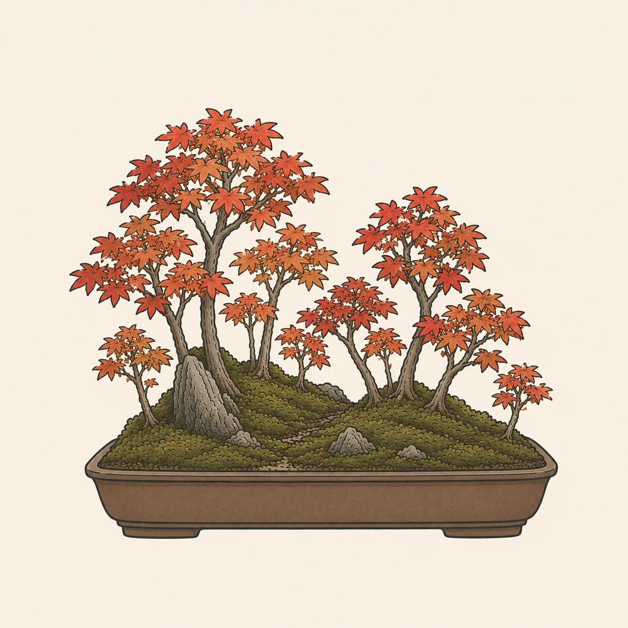 紅葉した数本のもみじと苔・石を浅い鉢に配した寄せ植え。鉢の中に自然の林の景色を再現