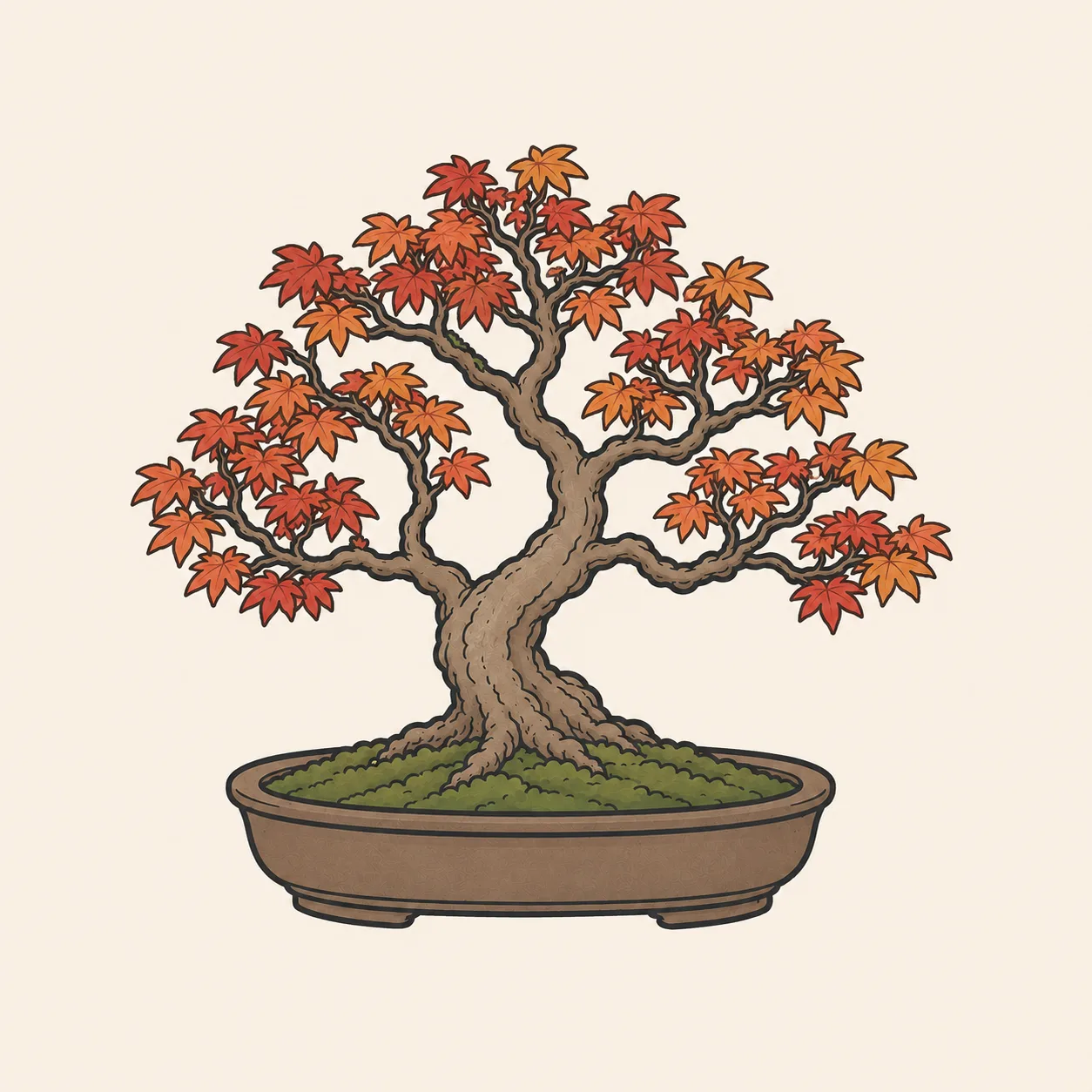 赤や橙に紅葉したもみじ盆栽。秋の紅葉の姿