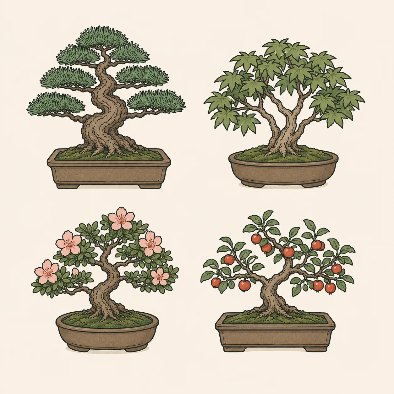 松柏(松)・雑木(もみじ)・花もの(さつき)・実もの(姫りんご)の代表的な盆栽を並べた図