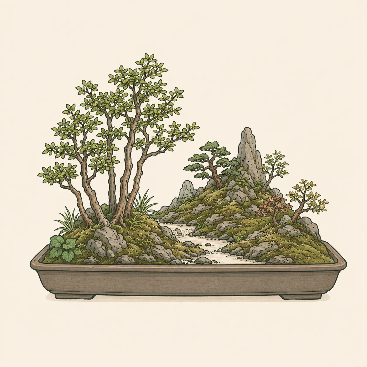 寄せ植え・盆景の作例。複数の樹・草・石を組み合わせて、1 鉢に 1 つの景色を作る。