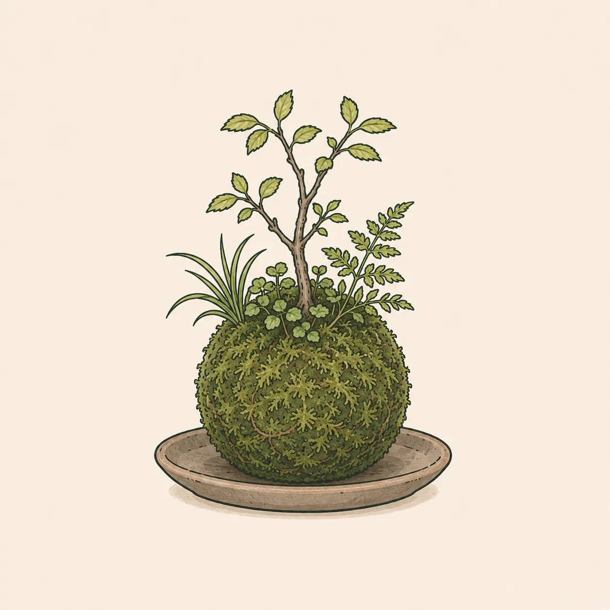 苔玉の作例。鉢を使わず、根を苔で包んだ球状の植物。インテリア性と季節感を両立。