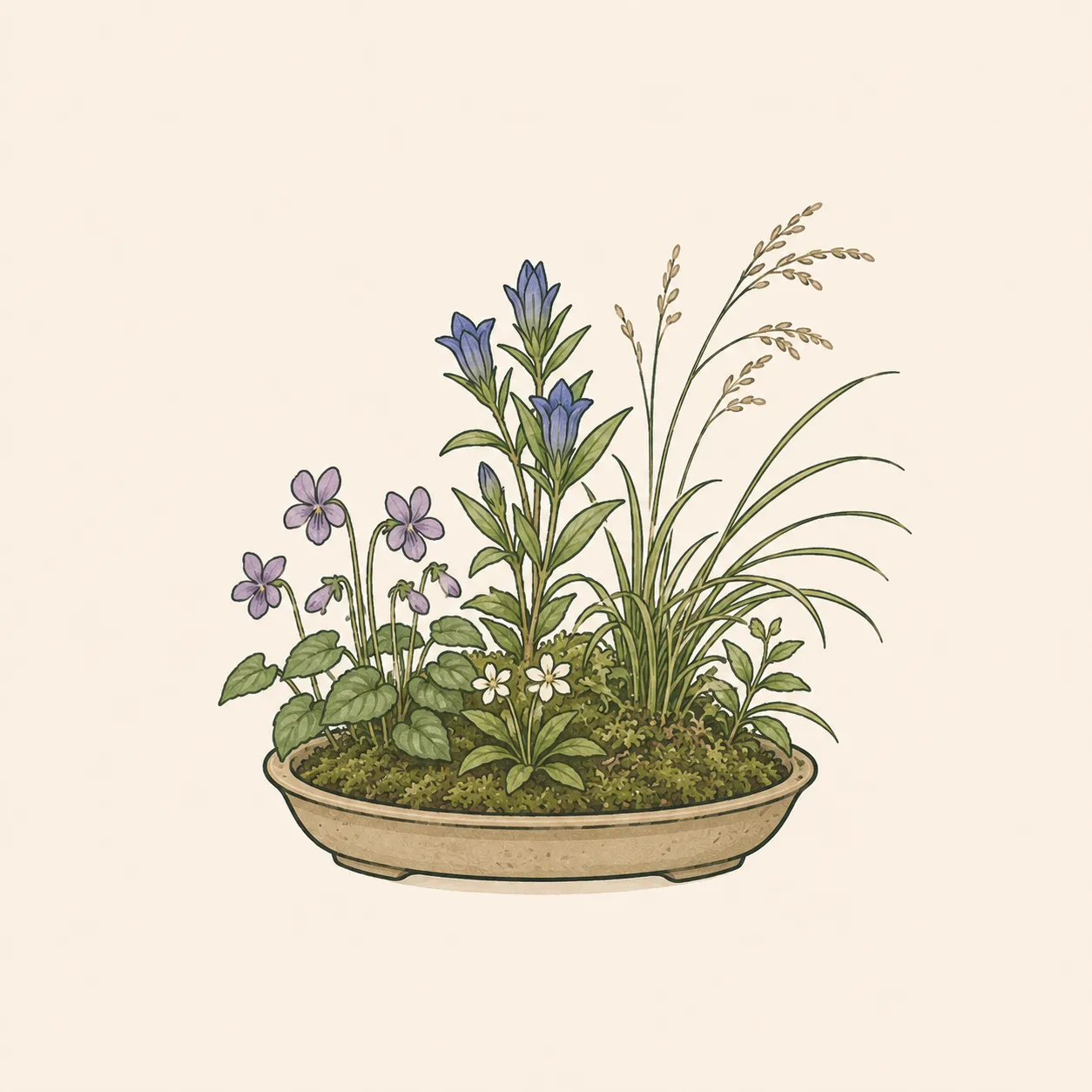草もの・草盆栽の作例。山野草を主役にした盆栽。樹木盆栽の添えにも、単体作品にもなる。