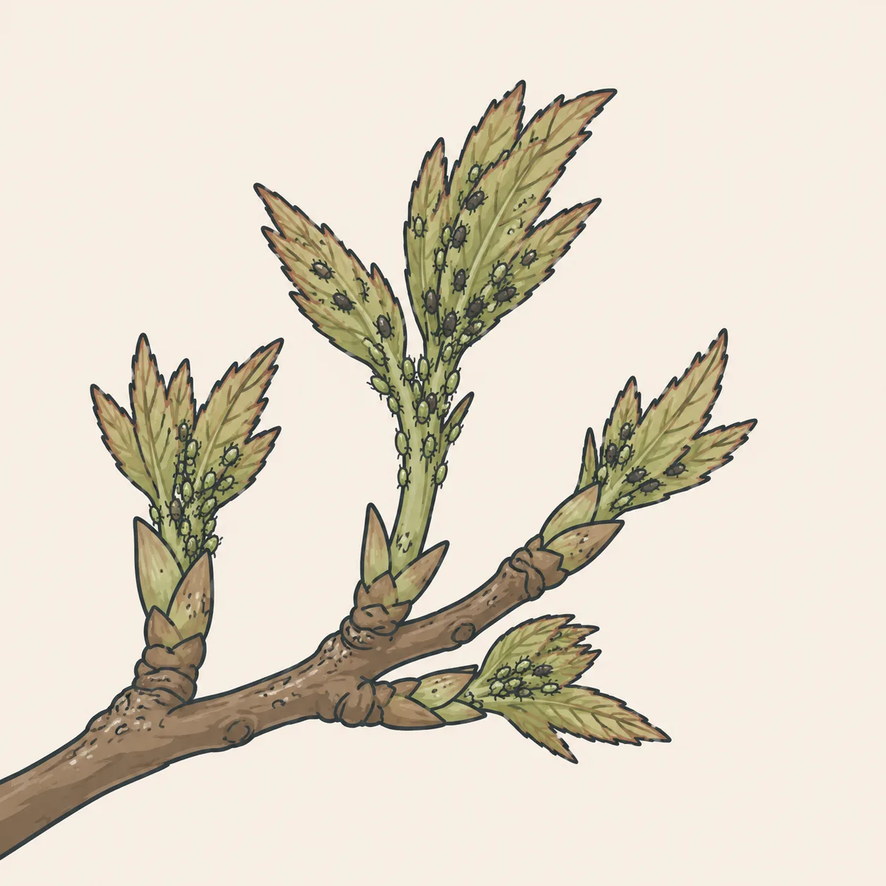 柔らかい新芽や蕾に群がる小さな虫