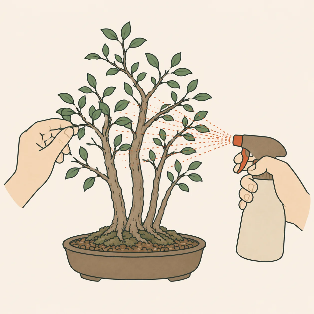 葉裏を確認し噴霧器で薬剤を霧状に散布する様子